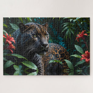 Melanistic Jaguar in Jungle Red Flowers Jigsaw Puzzle