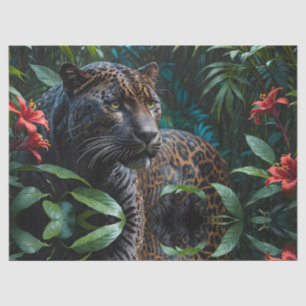 Melanistic Jaguar in Jungle Red Flowers Tissue Paper