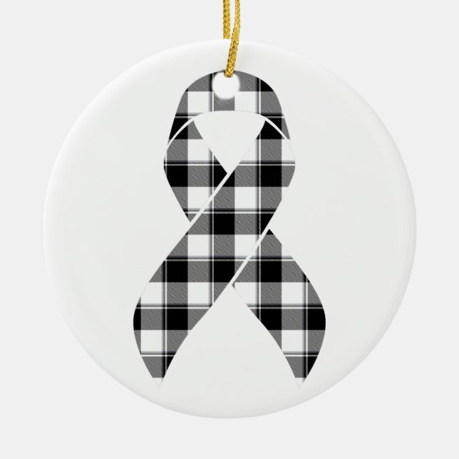 Melanoma Skin Cancer Awareness Plaid Black Ribbon  Ceramic Tree Decoration (Front)