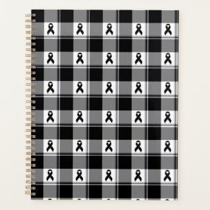 Melanoma Skin Cancer Awareness Plaid Black Ribbon Planner