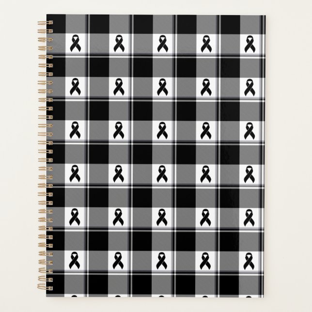 Melanoma Skin Cancer Awareness Plaid Black Ribbon Planner (Front)