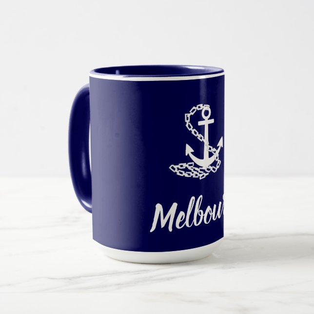 Melbourne Anchor - Maritime Style Blue And White Mug (Front Left)