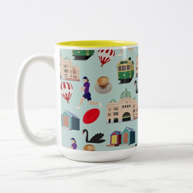 Melbourne Aus,Flinders St Station Coffee Football  Two-Tone Coffee Mug (Left)