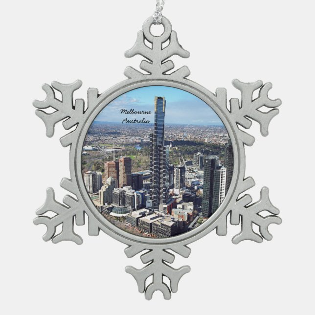 Melbourne, Australia cityscape photograph Snowflake Pewter Christmas Ornament (Front)