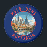 Melbourne Australia Retro Distressed Circle Magnet<br><div class="desc">Melbourne retro vector travel design. Melbourne is the coastal capital of the southeastern Australian state of Victoria. At the city's centre is the modern Federation Square development,  with plazas,  bars,  and restaurants by the Yarra River.</div>