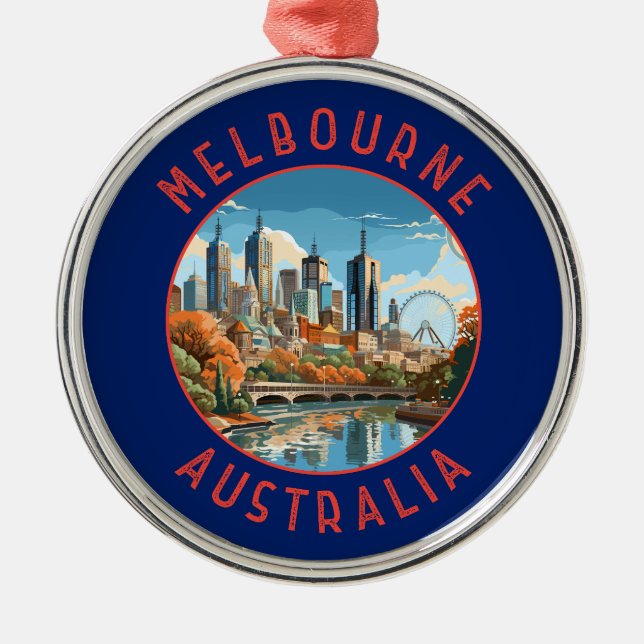 Melbourne Australia Retro Distressed Circle Metal Tree Decoration (Front)