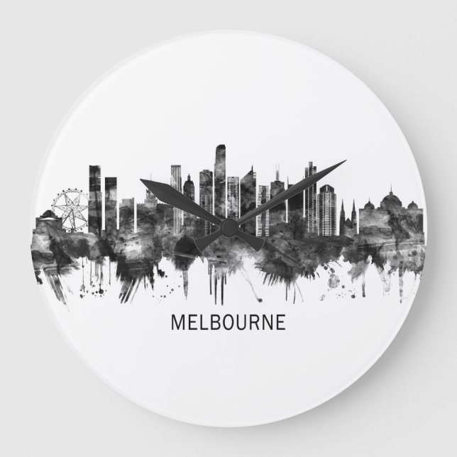 Melbourne Australia Skyline BW Large Clock (Front)