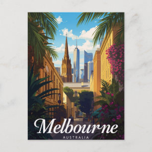 Melbourne Australia Skyline Retro Travel Postcard