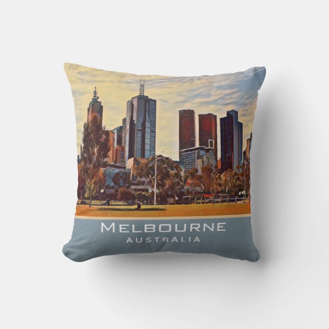Melbourne Australia Skyline Watercolor Art Cushion (Front)