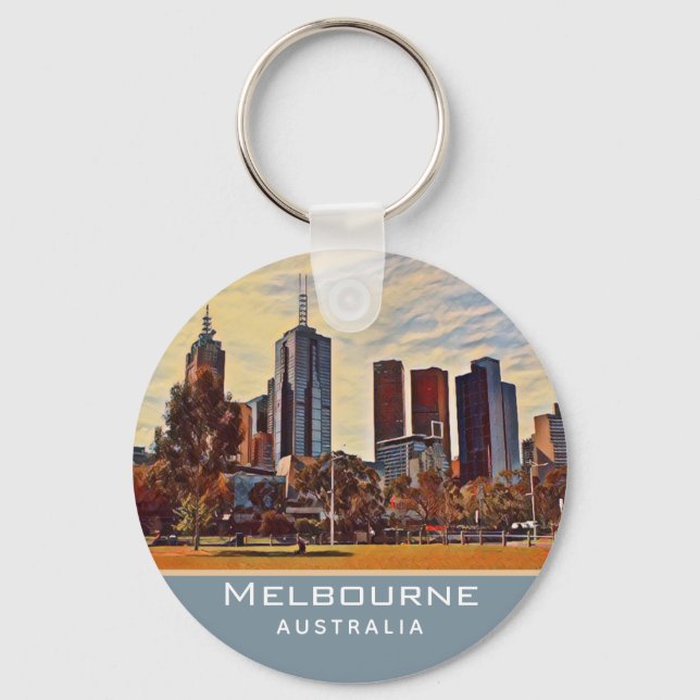 Melbourne Australia Skyline Watercolor Art Key Ring (Front)