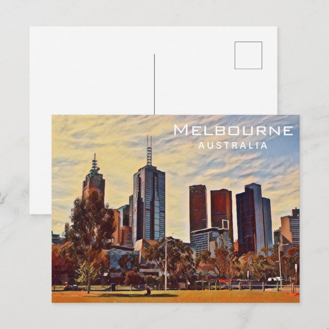 Melbourne Australia Skyline Watercolor Art Postcard (Front/Back)
