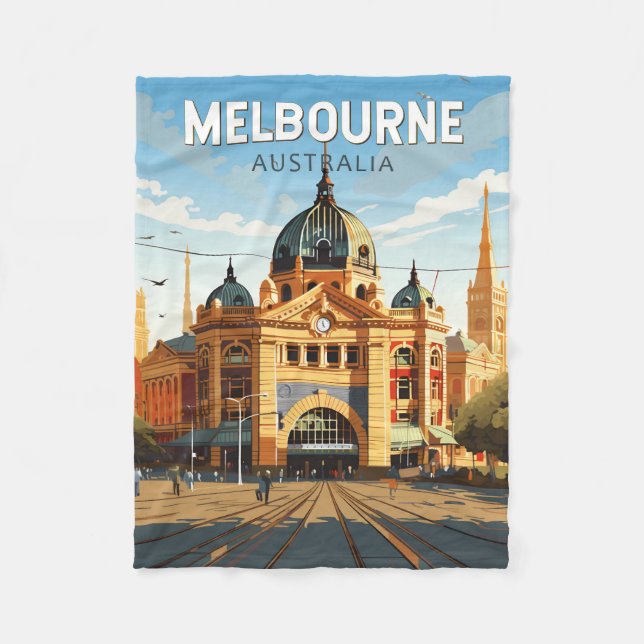 Melbourne Australia Travel Art Vintage Fleece Blanket (Front)