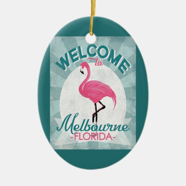 Melbourne Florida Pink Flamingo Retro Ceramic Tree Decoration (Front)