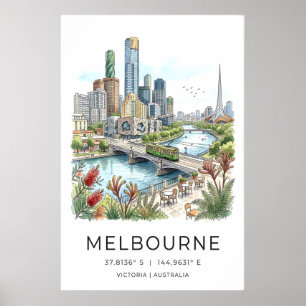 Melbourne Skyline Poster - Hand-Sketched Cityscape