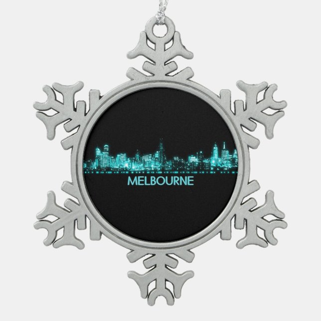 Melbourne Skyline Snowflake Pewter Christmas Ornament (Front)
