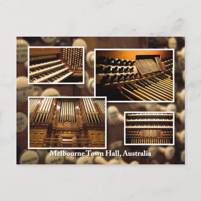 Melbourne Town Hall pipe organ montage postcard (Front)