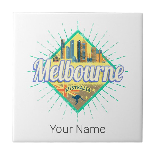 Melbourne Victoria Australia Retro Skyline Vintage Tile (Front)