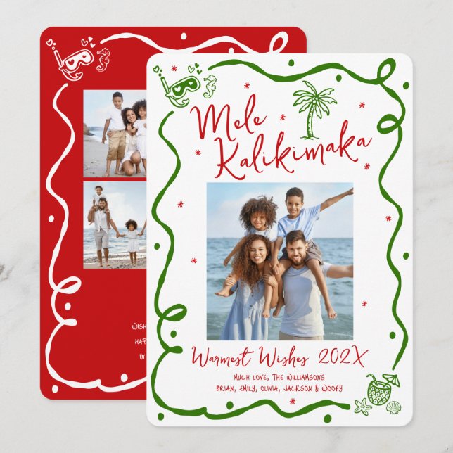 Mele Kalikimaka 5 Photo Red Green Doodle Christmas Holiday Card (Front/Back)