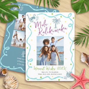 Mele Kalikimaka 5 Photo Teal Hand Drawn Christmas Holiday Card