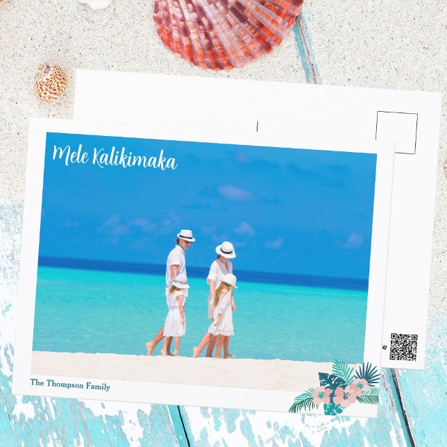 Mele Kalikimaka Beach Family Photo Hibiscus Floral Postcard (Creator Uploaded)