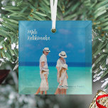 Mele Kalikimaka Beach Photo Island Christmas Glass Tree Decoration<br><div class="desc">A simply beautiful beach Christmas ornament with a family photo from your tropical island vacation and Mele Kalikimaka written in white script for a Hawaiian holiday gift. Personalize with your name for a summer trip keepsake.</div>