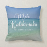 Mele Kalikimaka Beautiful Beach Custom Christmas Cushion<br><div class="desc">This pretty personalised beach Christmas throw pillow feature gorgeous coastal seascape with elegant typography in white that reads Mele Kalikimaka. A cute Hawaiian way to say Merry Christmas in style on a tropical island. Take me to the ocean this holiday. Customise with your family name for your beach house.</div>