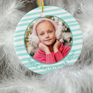 Mele Kalikimaka Beautiful Teal Wavy Stripe Ceramic Tree Decoration