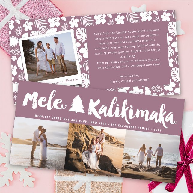 Mele Kalikimaka Brush Christmas Tree 3 Multi Photo Holiday Card (Creator Uploaded)