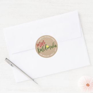 Mele Kalikimaka Brush Script Hibiscus Christmas Classic Round Sticker