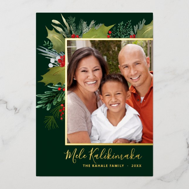 Mele Kalikimaka Christmas Holly Photo Foil Card (Front)