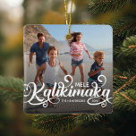 Mele Kalikimaka Christmas Photo Ceramic Ornament<br><div class="desc">Modern hawaiian christmas holiday ornament featuring a fully printed photo for you to replace with your own,  the seasons greetings "mele kalikimaka",  your family name,  and the year.</div>