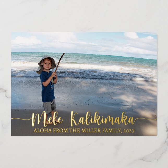 Mele Kalikimaka Christmas Photo Collage Foil Holiday Card (Front)