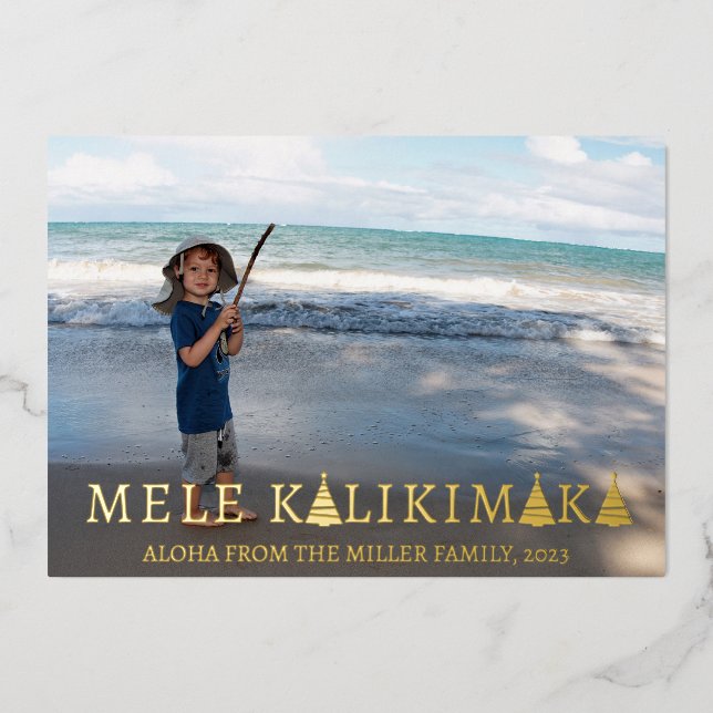 Mele Kalikimaka Christmas Photo Collage Foil Holiday Card (Front)
