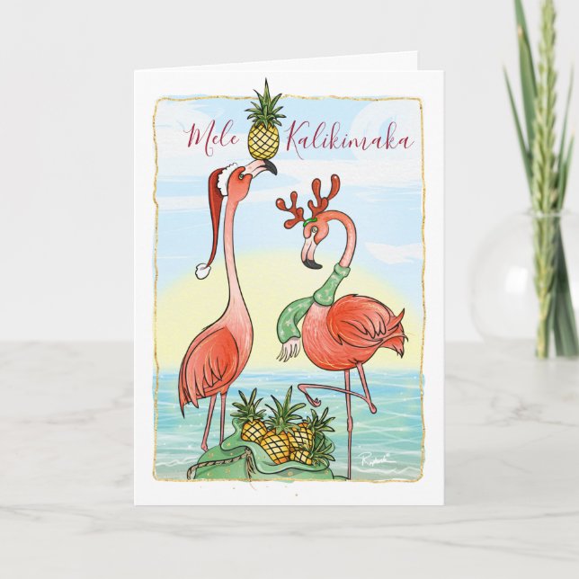 Mele Kalikimaka Christmas Pink Flamingo  Holiday Card (Front)