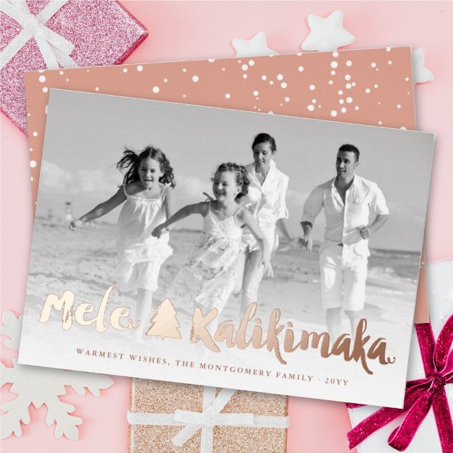 Mele Kalikimaka Christmas Tree Brush Script Photo Foil Holiday Card (Creator Uploaded)