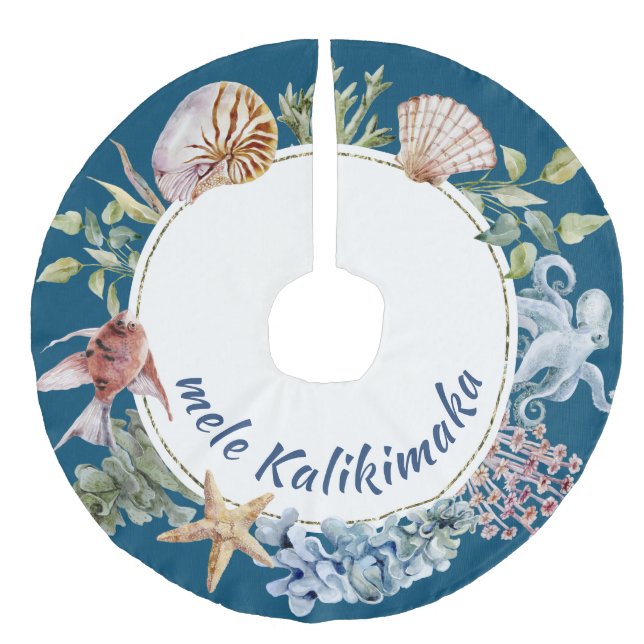  Mele Kalikimaka Coastal Tropical Theme Christmas Faux Linen Tree Skirt (Front)