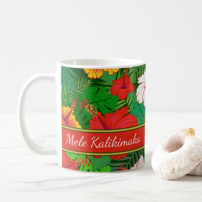 Mele Kalikimaka Colourful Hawaiian Floral Holiday Coffee Mug (With Donut)