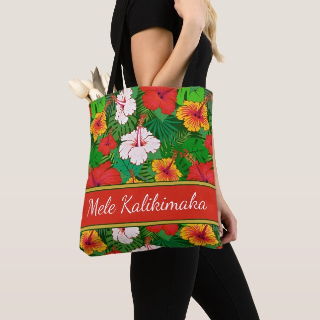 Mele Kalikimaka Colourful Hawaiian Flowers Holiday Tote Bag (Close Up)