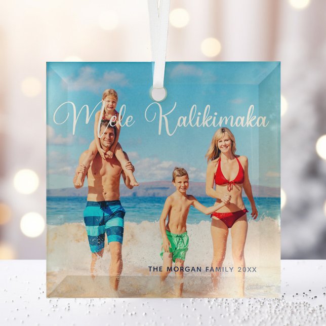 Mele Kalikimaka Family Photo Beach Christmas 2022 Glass Tree Decoration (Creator Uploaded)