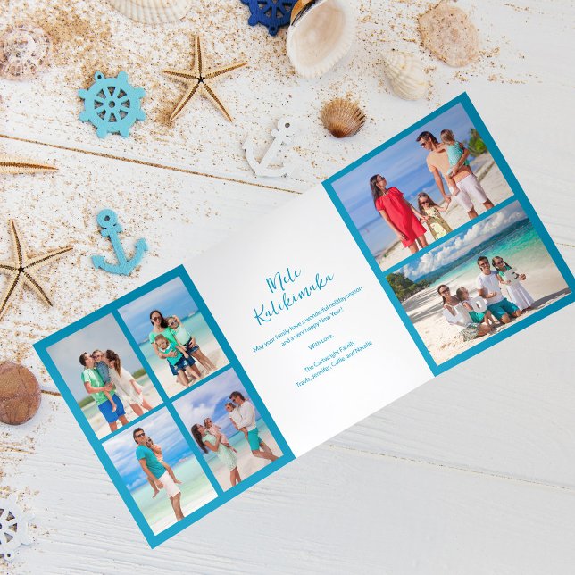 Mele Kalikimaka Family Photo Collage Blue Beach Tri-Fold Holiday Card (Creator Uploaded)