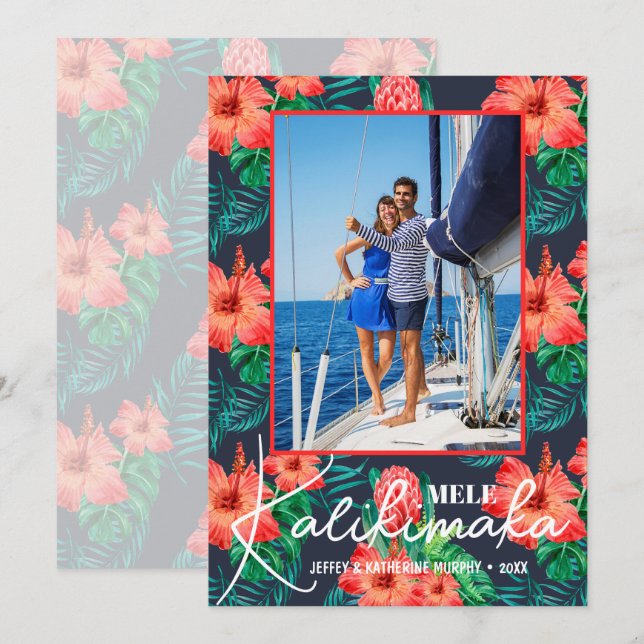 Mele Kalikimaka Floral Photo Christmas Holiday Card (Front/Back)