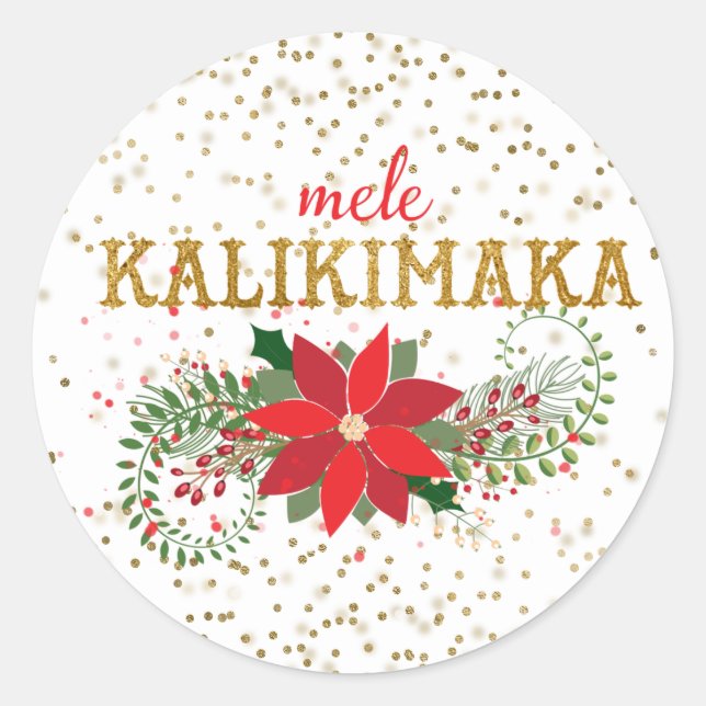 Mele Kalikimaka Gold Glitter Poinsettia Classic Round Sticker (Front)