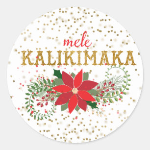 Mele Kalikimaka Gold Glitter Poinsettia Classic Round Sticker