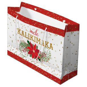 Mele Kalikimaka Gold Glitter Poinsettia Large Gift Bag