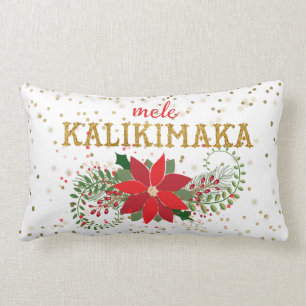 Mele Kalikimaka Gold Glitter Poinsettia Lumbar Cushion