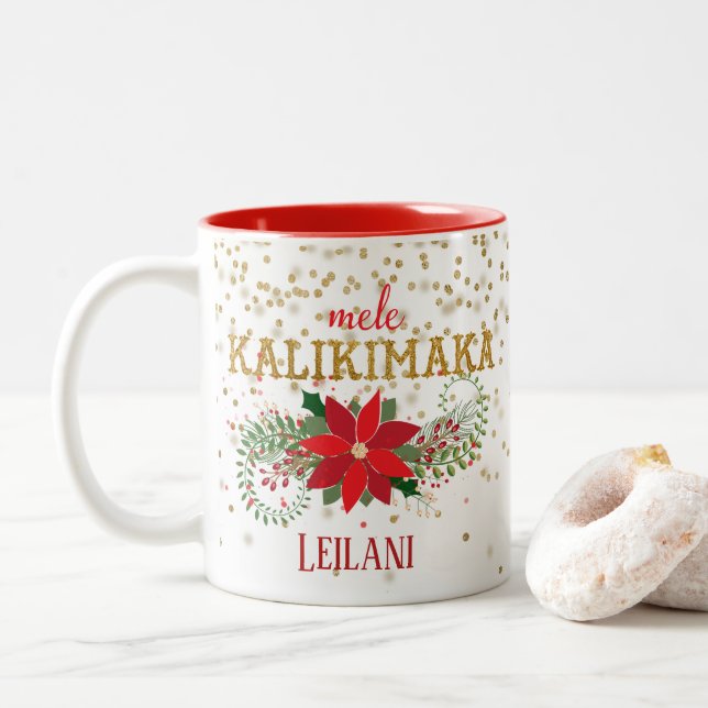 Mele Kalikimaka Gold Glitter Poinsettia Two-Tone Coffee Mug (With Donut)