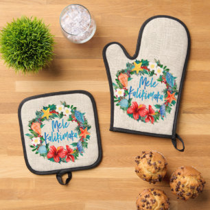 Mele Kalikimaka Hawaiian Beach Christmas Wreath Oven Mitt & Pot Holder Set