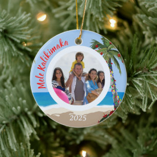 Mele Kalikimaka Hawaiian Beach Personalized Photo Ceramic Tree Decoration