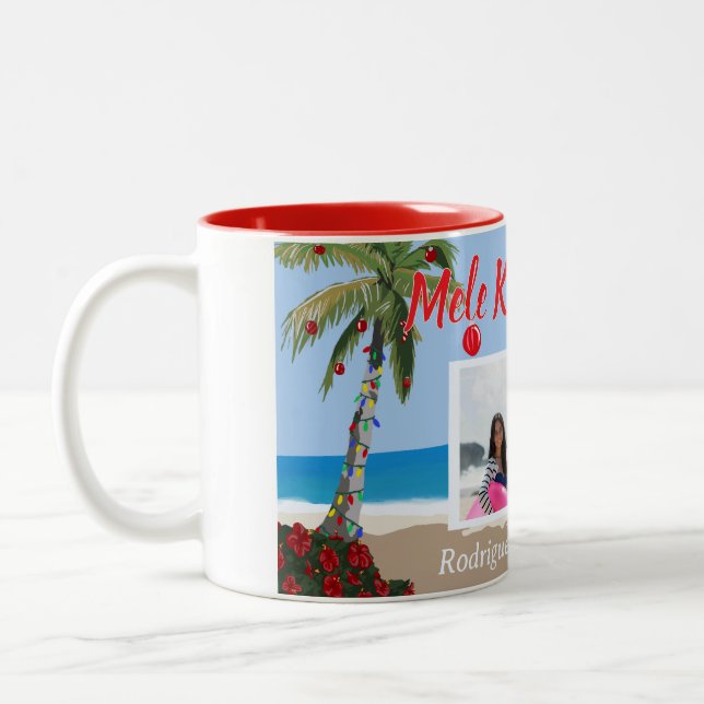 Mele Kalikimaka Hawaiian Christmas Beach Photo Two-Tone Coffee Mug (Left)