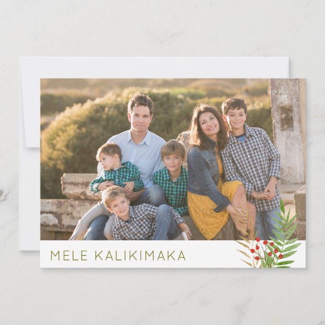 Mele Kalikimaka Hawaiian Christmas Holly 3 Photo Holiday Card (Front)